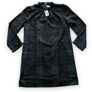 J. Crew NWT Size 8 Ruffleneck Shift Dress Blue Green Plaid Long Sleeve